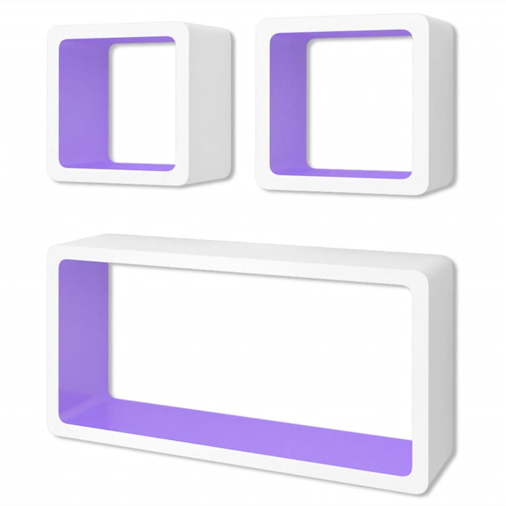 3 bielo fialové nástenné police v tvare kocky na knihy/DVD, MDF