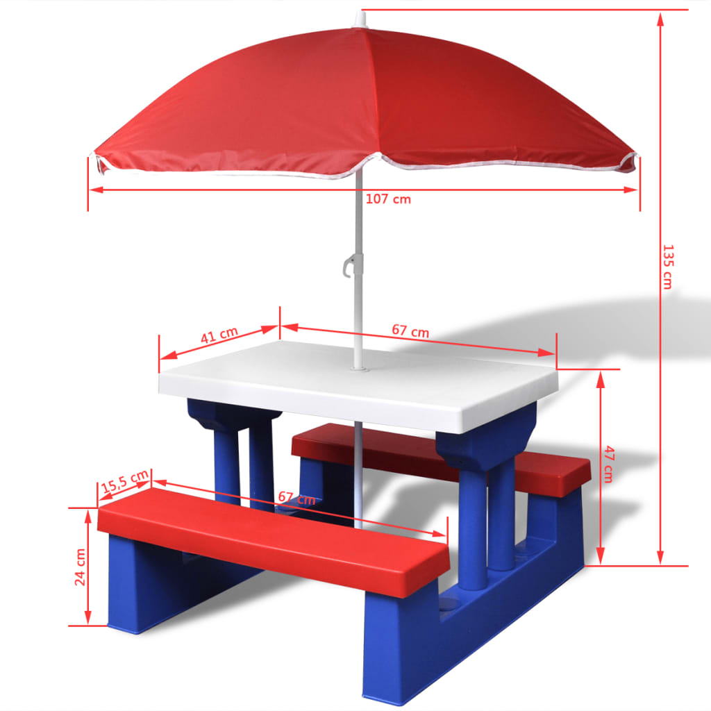 vidaXL Detský piknikový stôl s lavičkami a slnečníkom, rôznofarebný