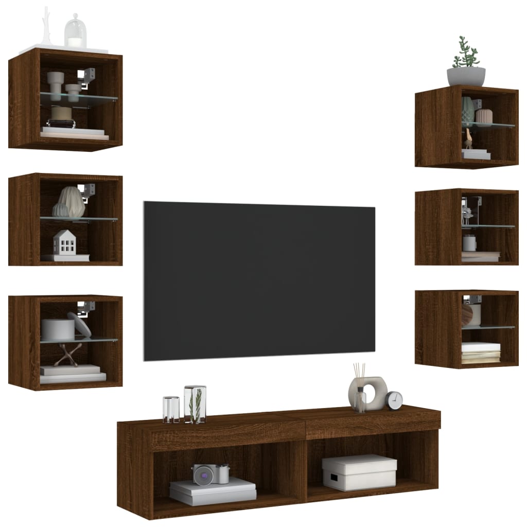 vidaXL 8-dielne TV nástenné skrinky s LED hnedý dub kompozitné drevo