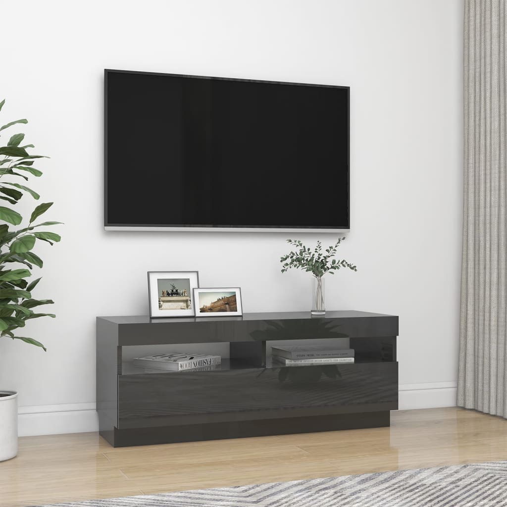 vidaXL TV skrinka s LED svetlami lesklá sivá 100x35x40 cm
