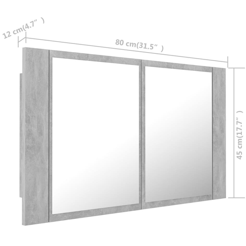 vidaXL LED kúpeľňová zrkadlová skrinka betónová sivá 80x12x45 cm akryl