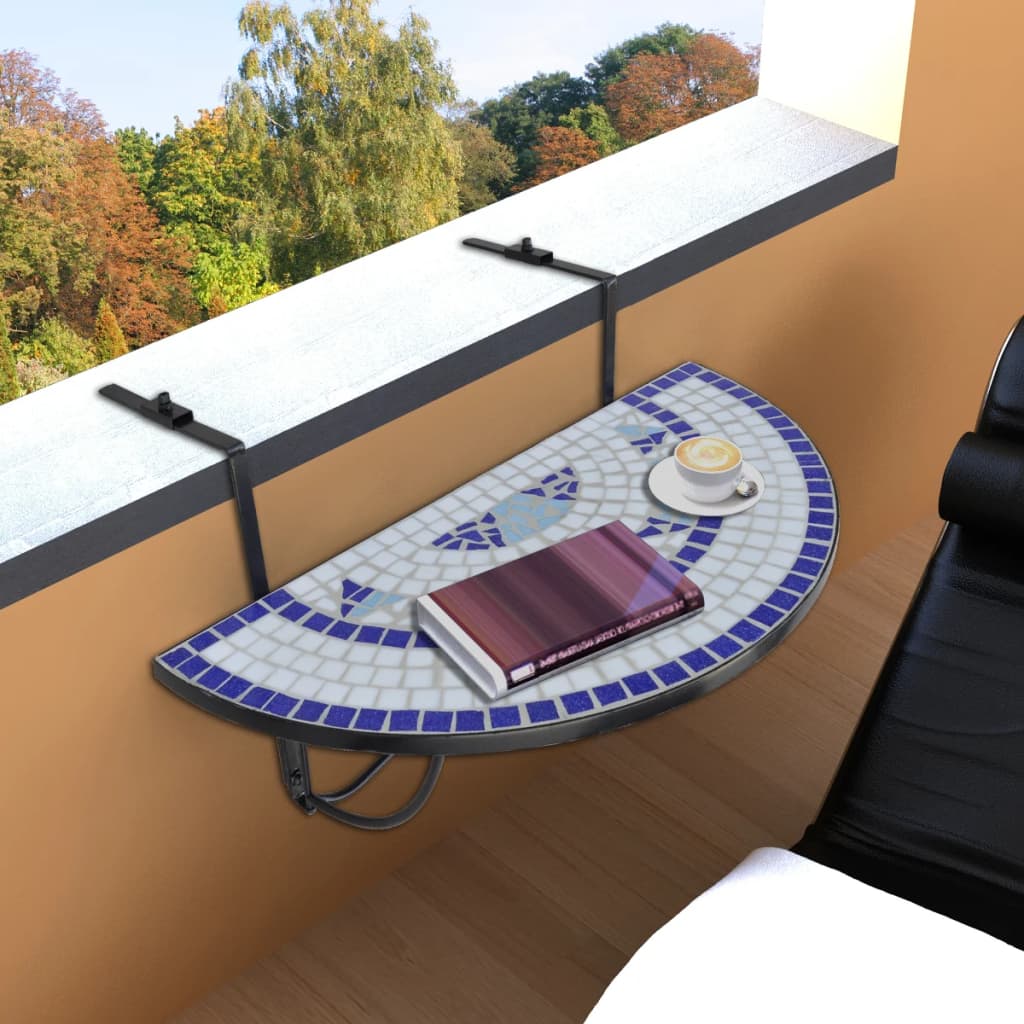 vidaXL Závesný stolík na balkón, modro biely, mozaikový