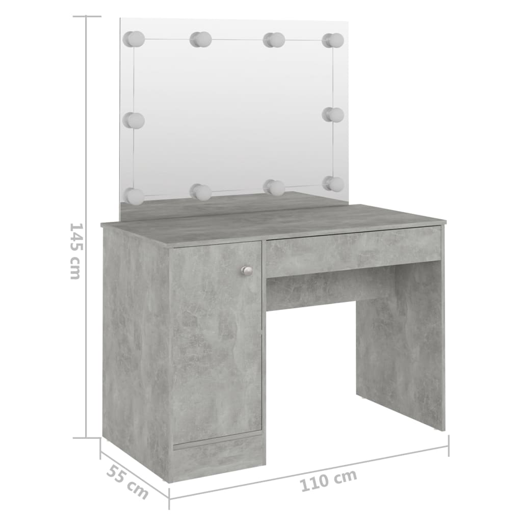 vidaXL Toaletný stolík s LED svetlami 110x55x145 cm MDF betónový sivý