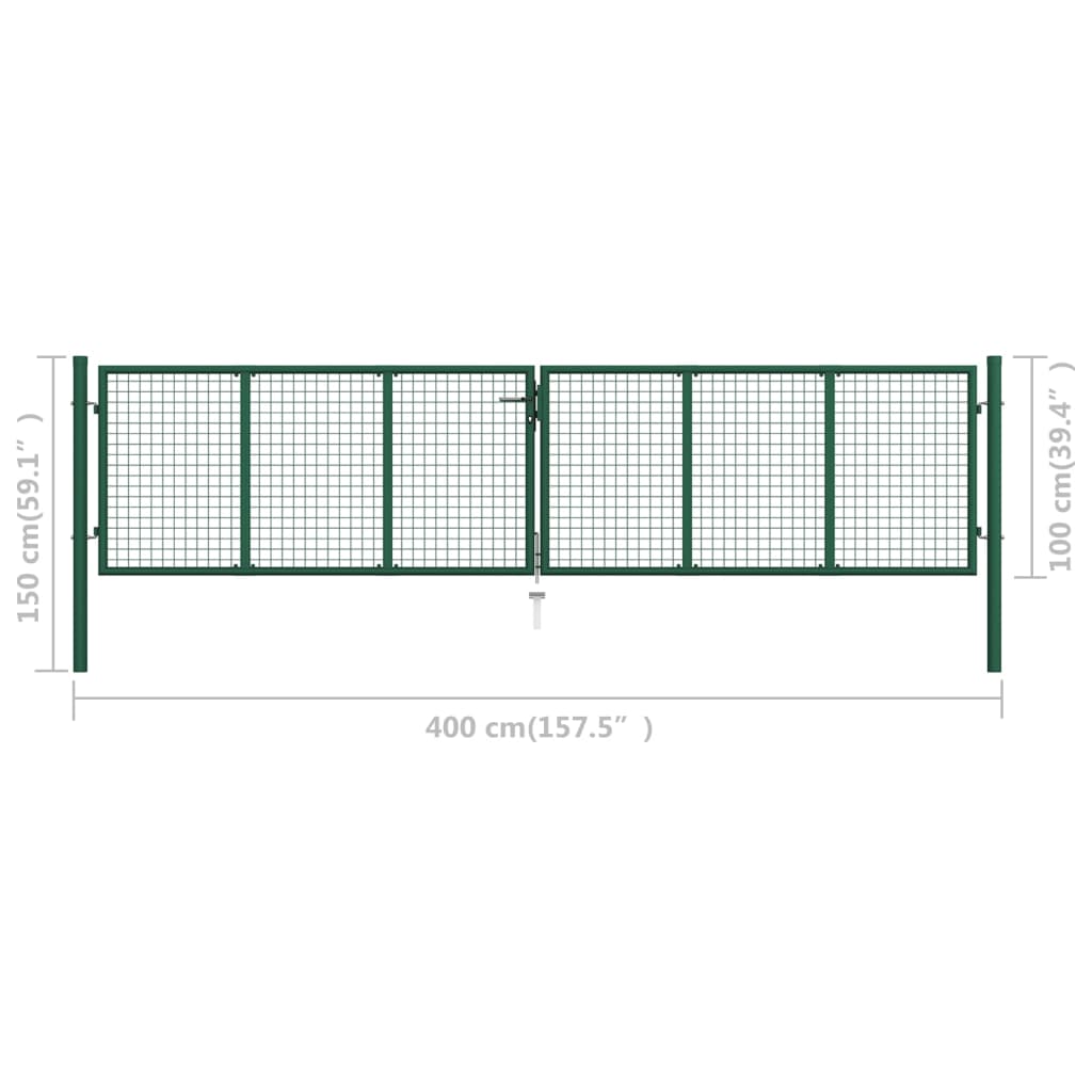 vidaXL Drôtená záhradná brána, oceľ 400x100 cm, zelená