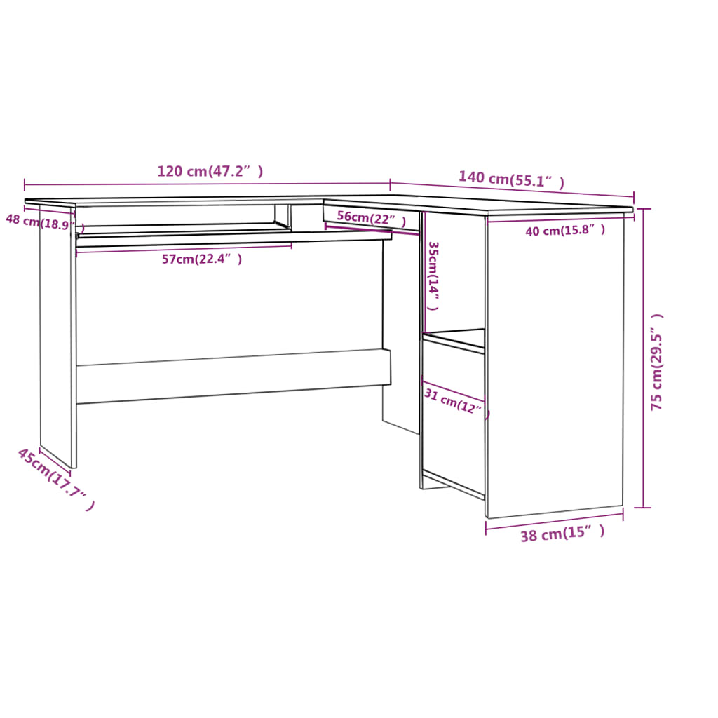 vidaXL Rohový stôl v tvare L, dub sonoma 120x140x75 cm, drevotrieska