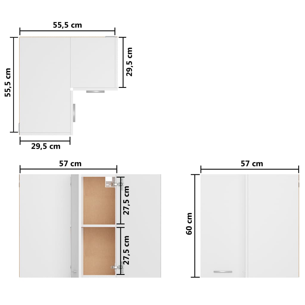 vidaXL Závesná rohová skrinka, biela 57x57x60 cm, kompozitné drevo
