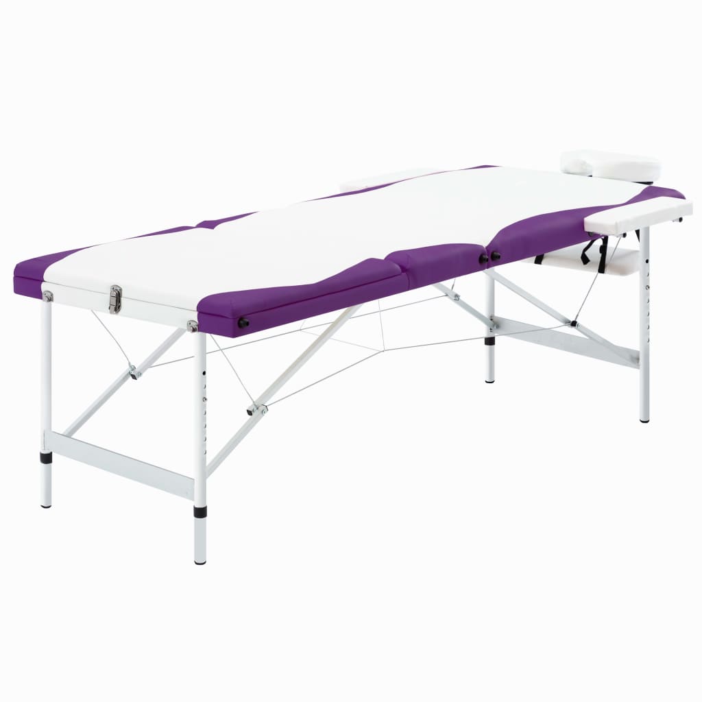 vidaXL Skladací masážny stôl s 3 zónami, hliník, bielo fialový