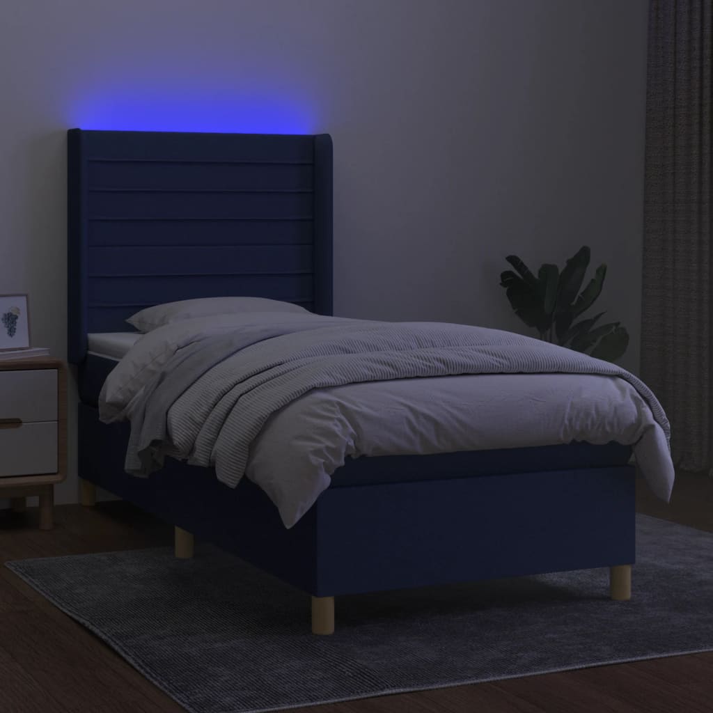 vidaXL Posteľ boxsping s matracom a LED modrá 90x200 cm látka
