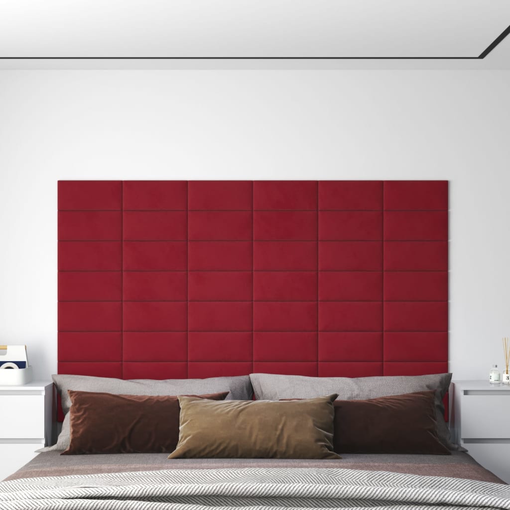 vidaXL Nástenné panely 12 ks vínovočervené 30x15 cm zamat 0,54 m²