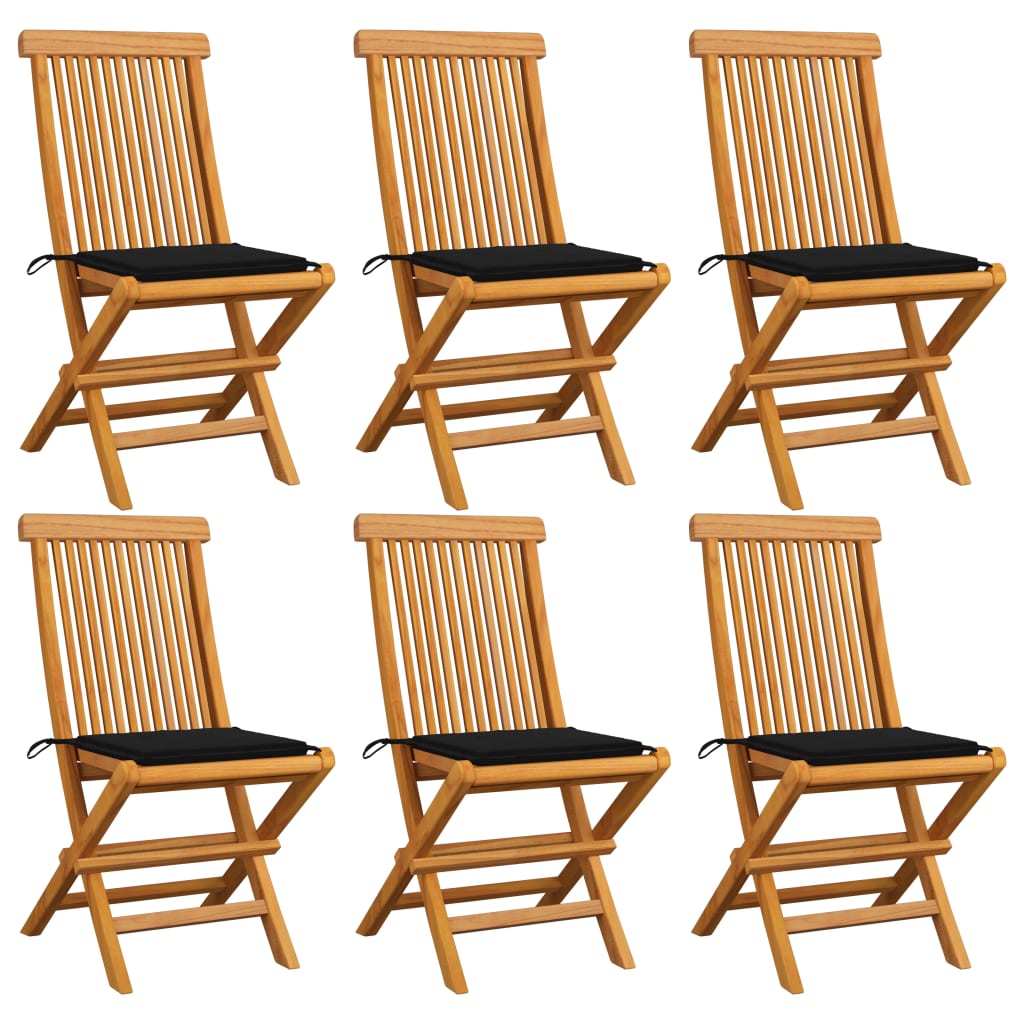 vidaXL Záhradné stoličky, čierne podložky 6 ks, tíkový masív