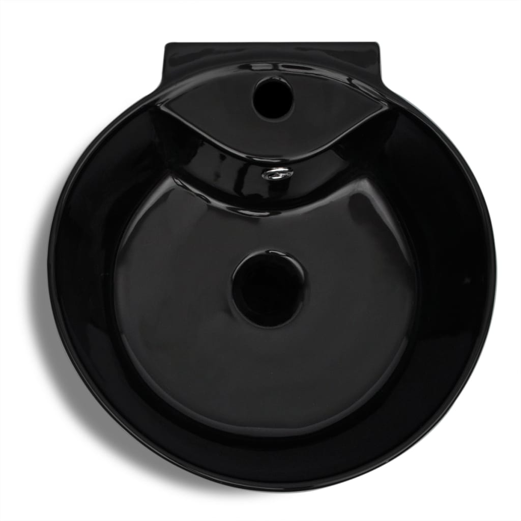 Čierne stojace okrúhle keramické umývadlo do kúpeľne s prepadom a otvorom na batériu