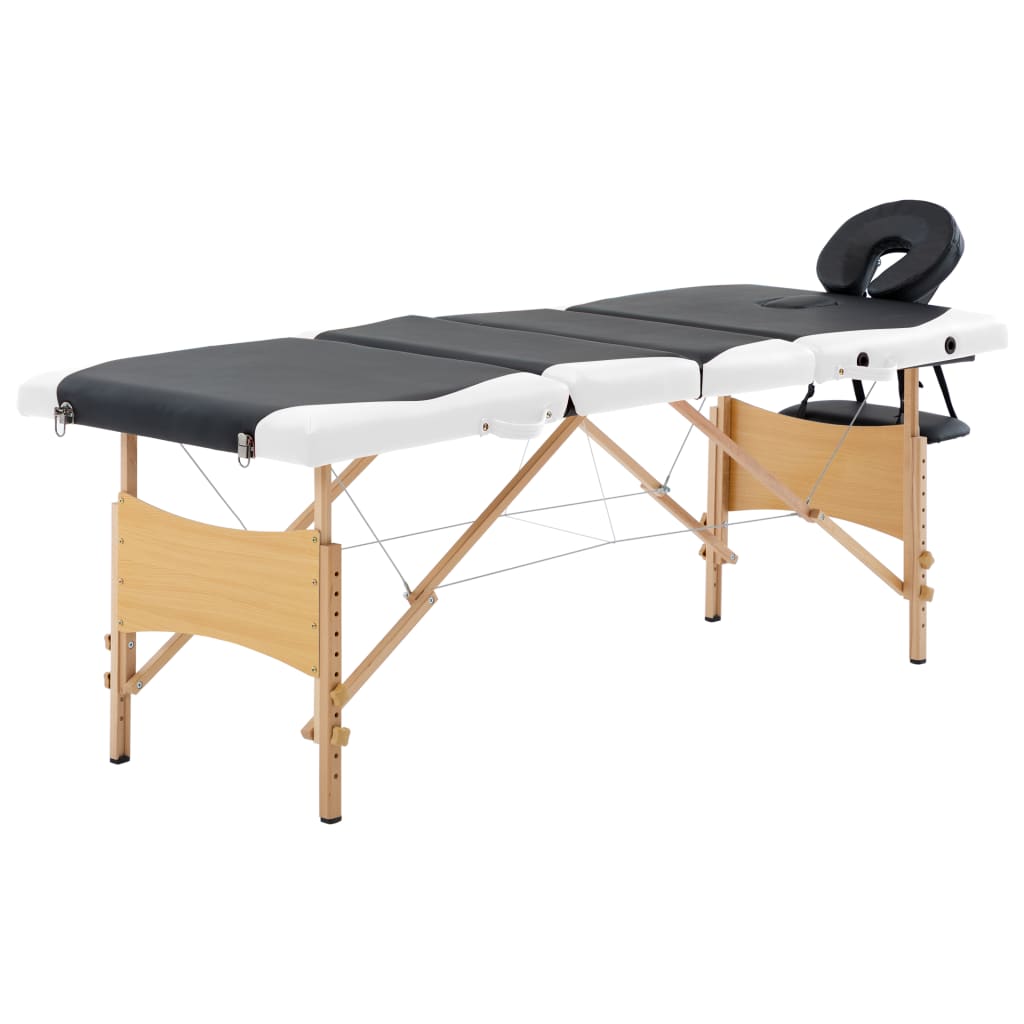 vidaXL Skladací masážny stôl, 4 zóny, drevo, čierno biely