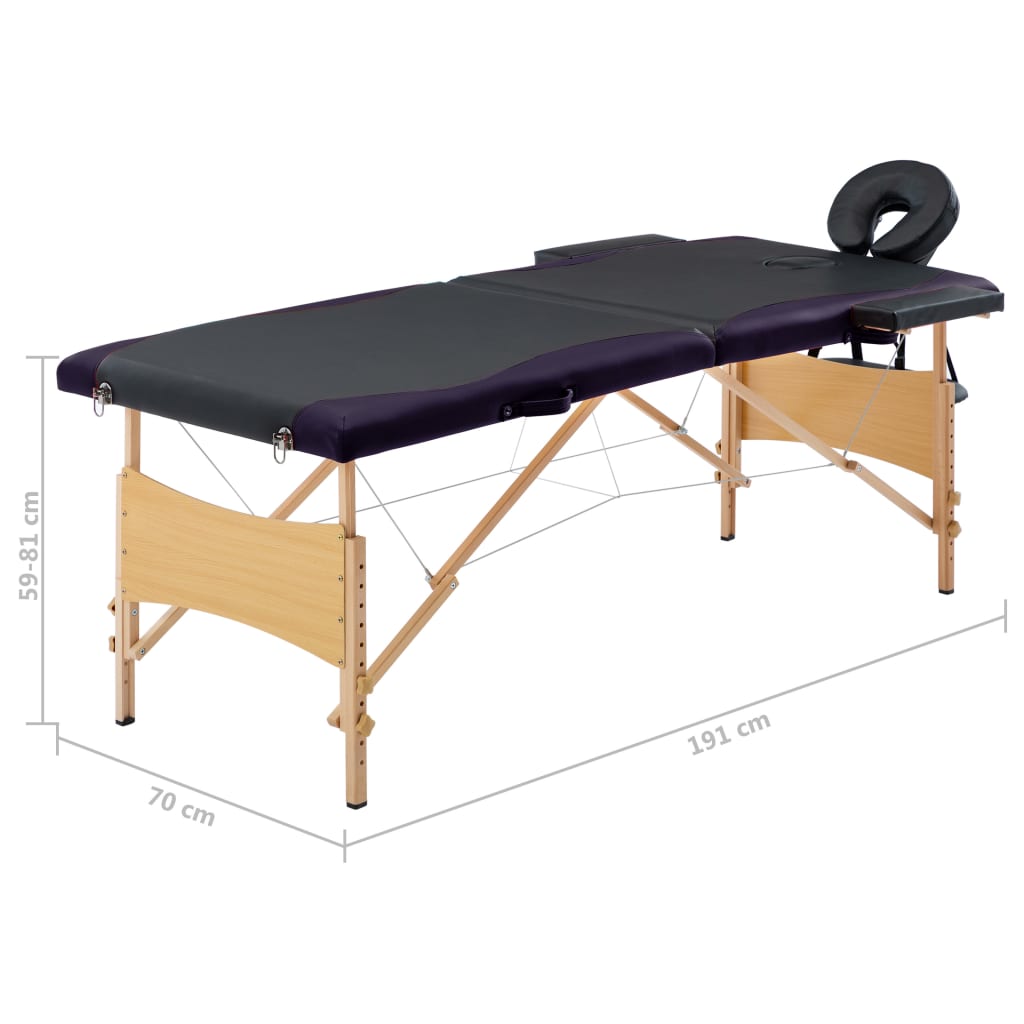 vidaXL Skladací masážny stôl, 2 zóny, drevo, čierny