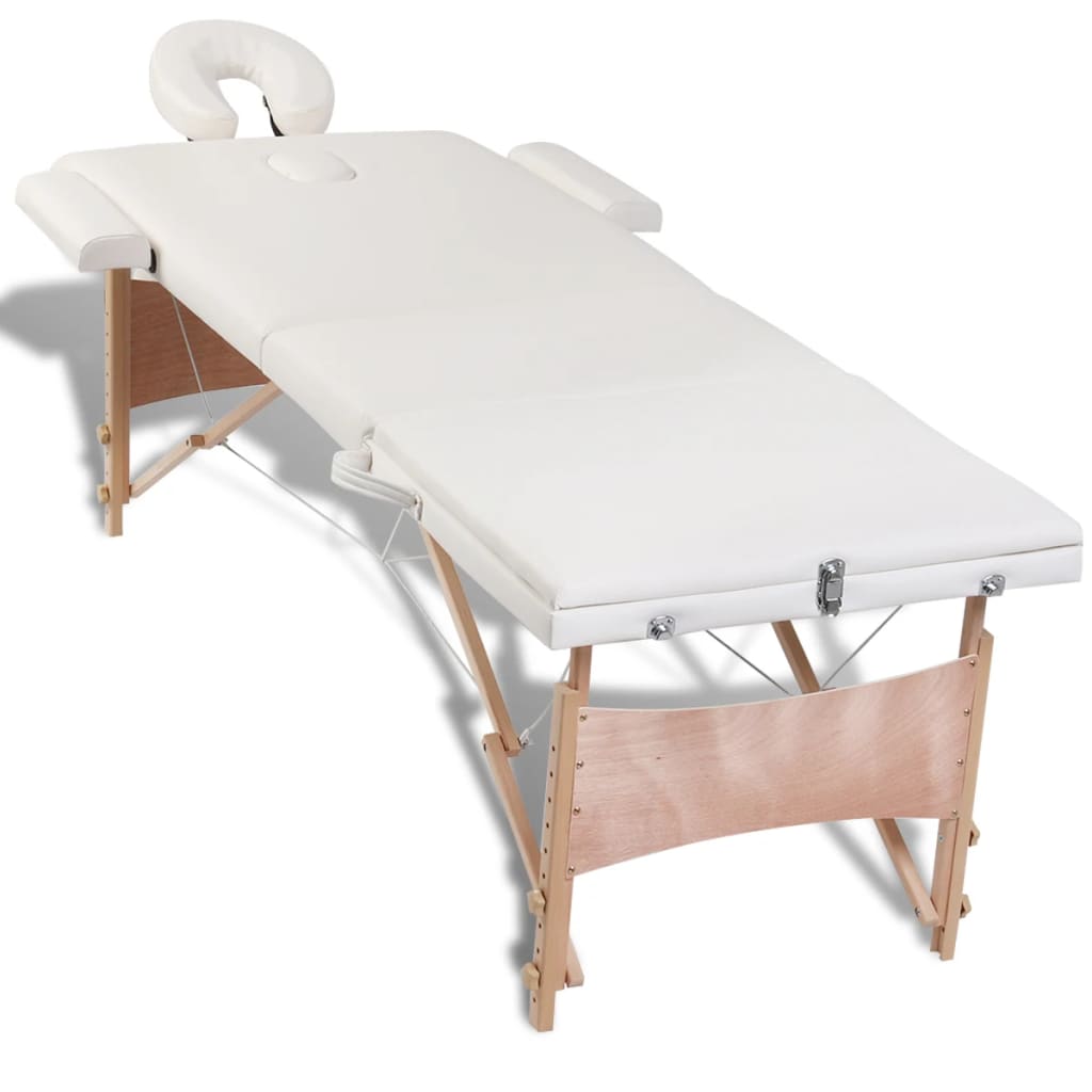 vidaXL Krémovo biely skladací masážny stôl, 3 zóny, drevený rám