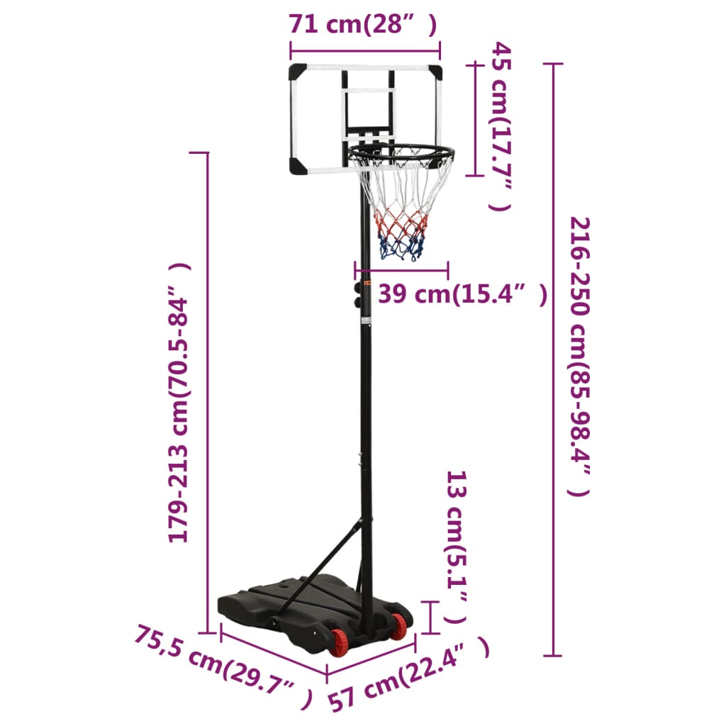 vidaXL Basketbalový stojan priehľadný 216-250 cm polykarbonát