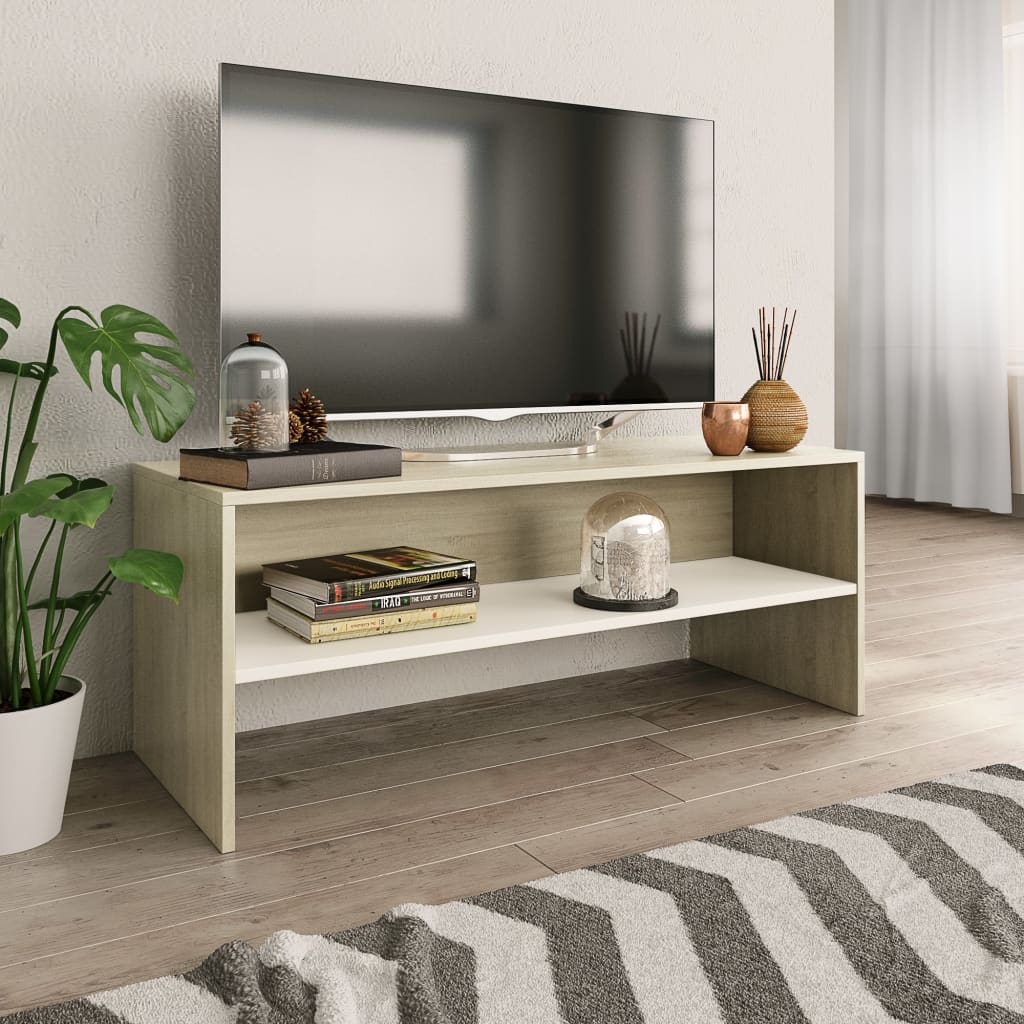 vidaXL TV skrinka, biela a dub sonoma 100x40x40 cm, drevotrieska