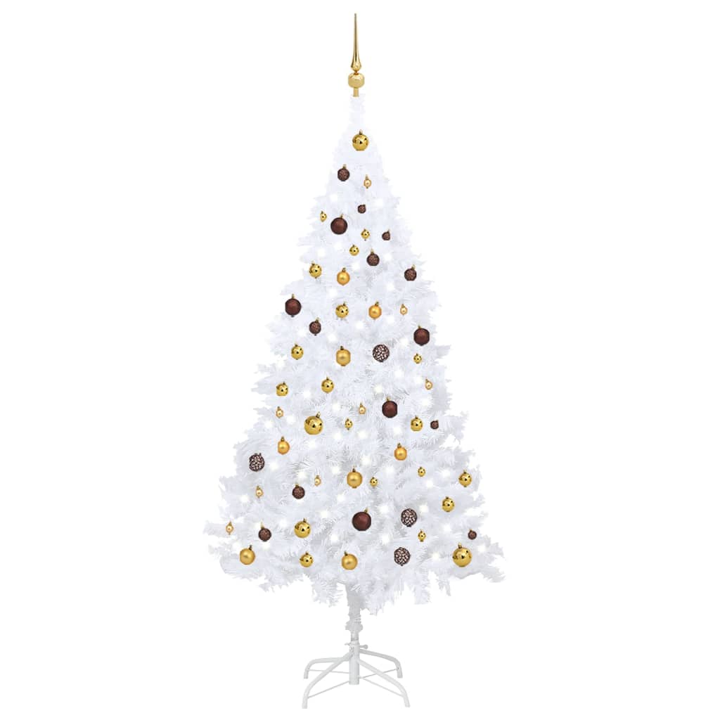 vidaXL Osvetlený umelý vianočný stromček s guľami, biely 210 cm, PVC