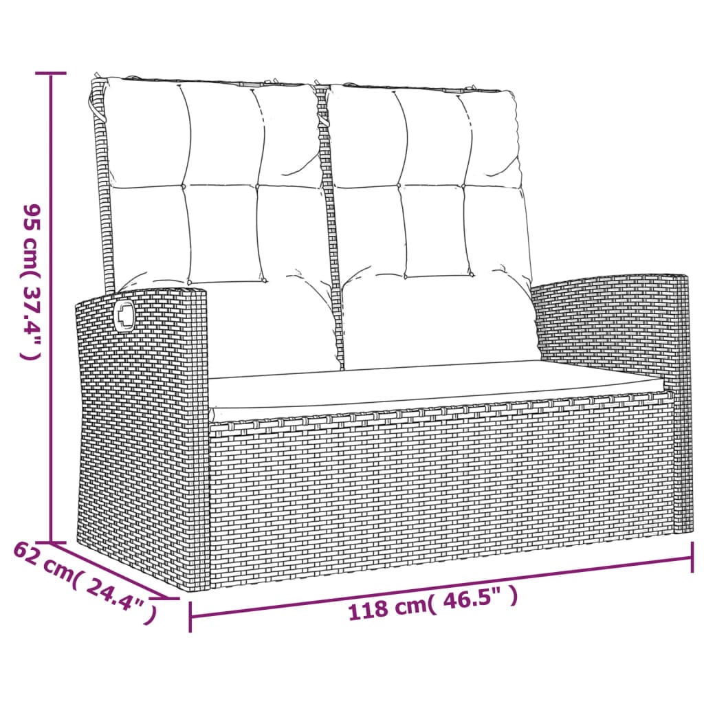 vidaXL Sklápacia záhradná lavička s vankúšmi čierna 118 cm polyratan