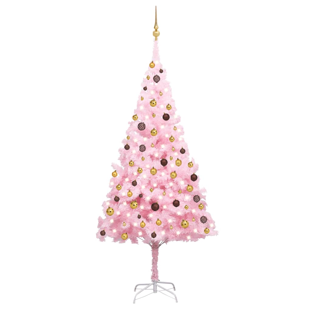 vidaXL Osvetlený umelý vianočný stromček s guľami, ružový 240 cm, PVC