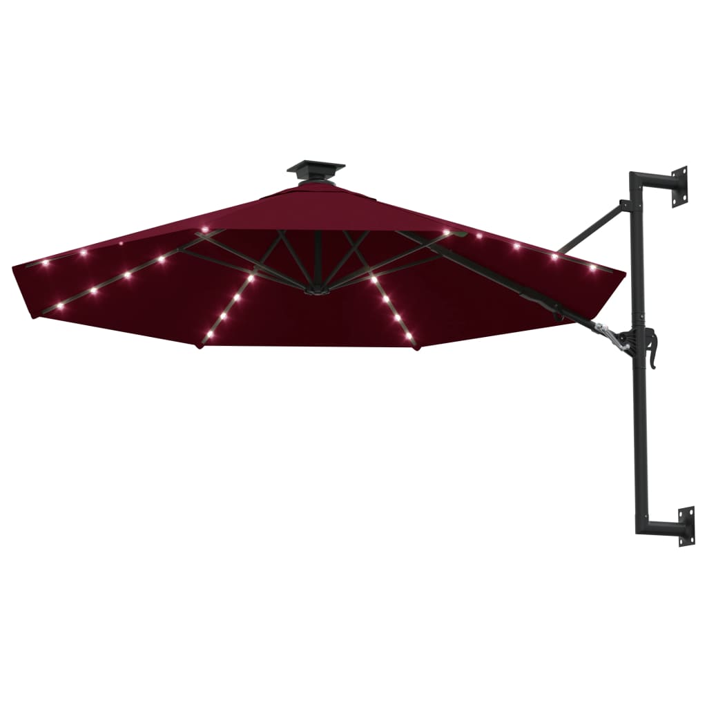 vidaXL Nástenný slnečník s LED a kovovou tyčou 300 cm burgundský