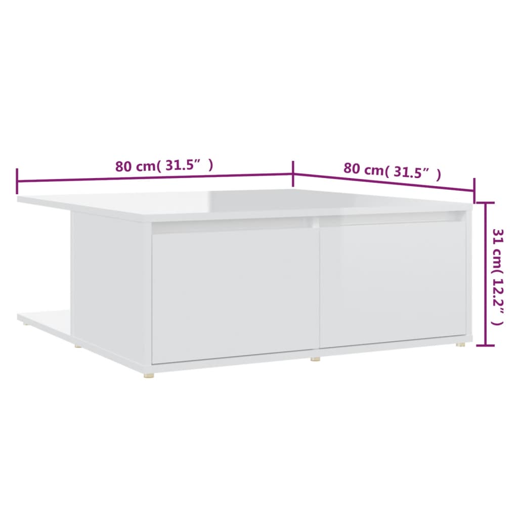 vidaXL Konferenčný stolík lesklý biely 80x80x31cm drevotrieska
