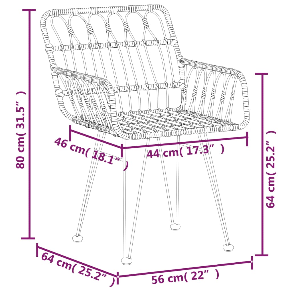 vidaXL Záhradné stoličky 2 ks s opierkami čierne 56x64x80 cm PE Rattan