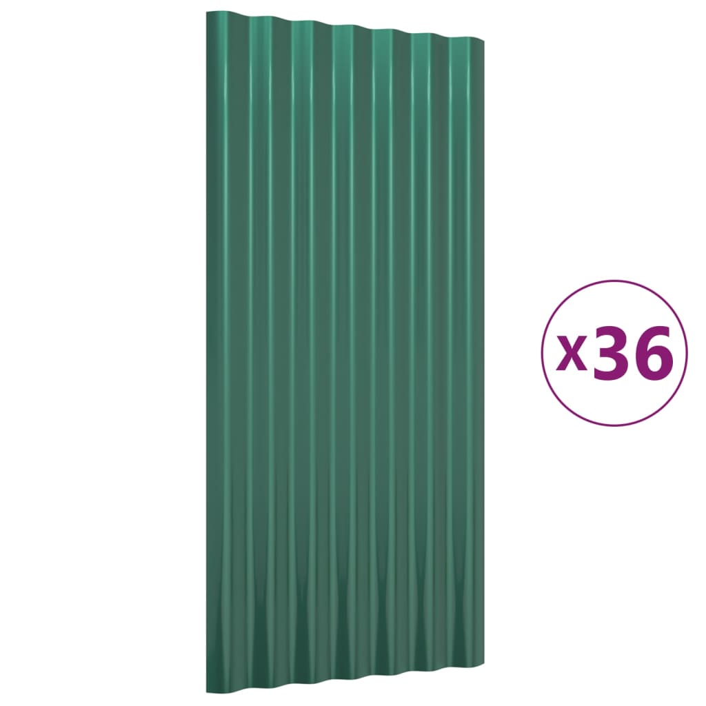 vidaXL Strešné panely 36 ks práškovaná oceľ zelená 80x36 cm