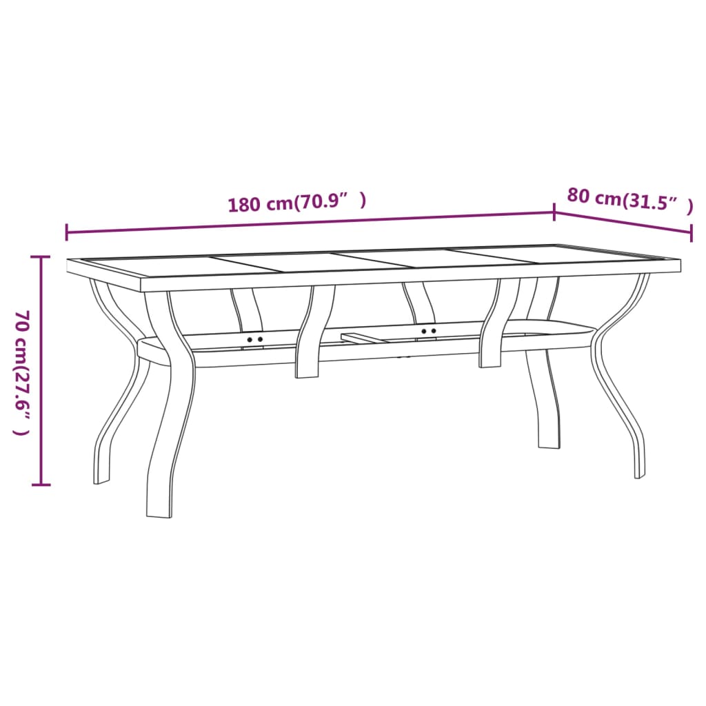vidaXL Záhradný stôl čierny 180x80x70 cm oceľ a sklo