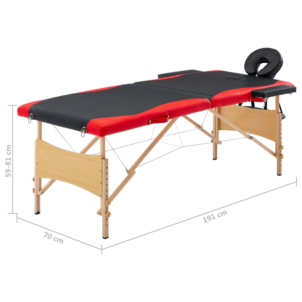 vidaXL Skladací masážny stôl, 2 zóny, drevo, čierno červený