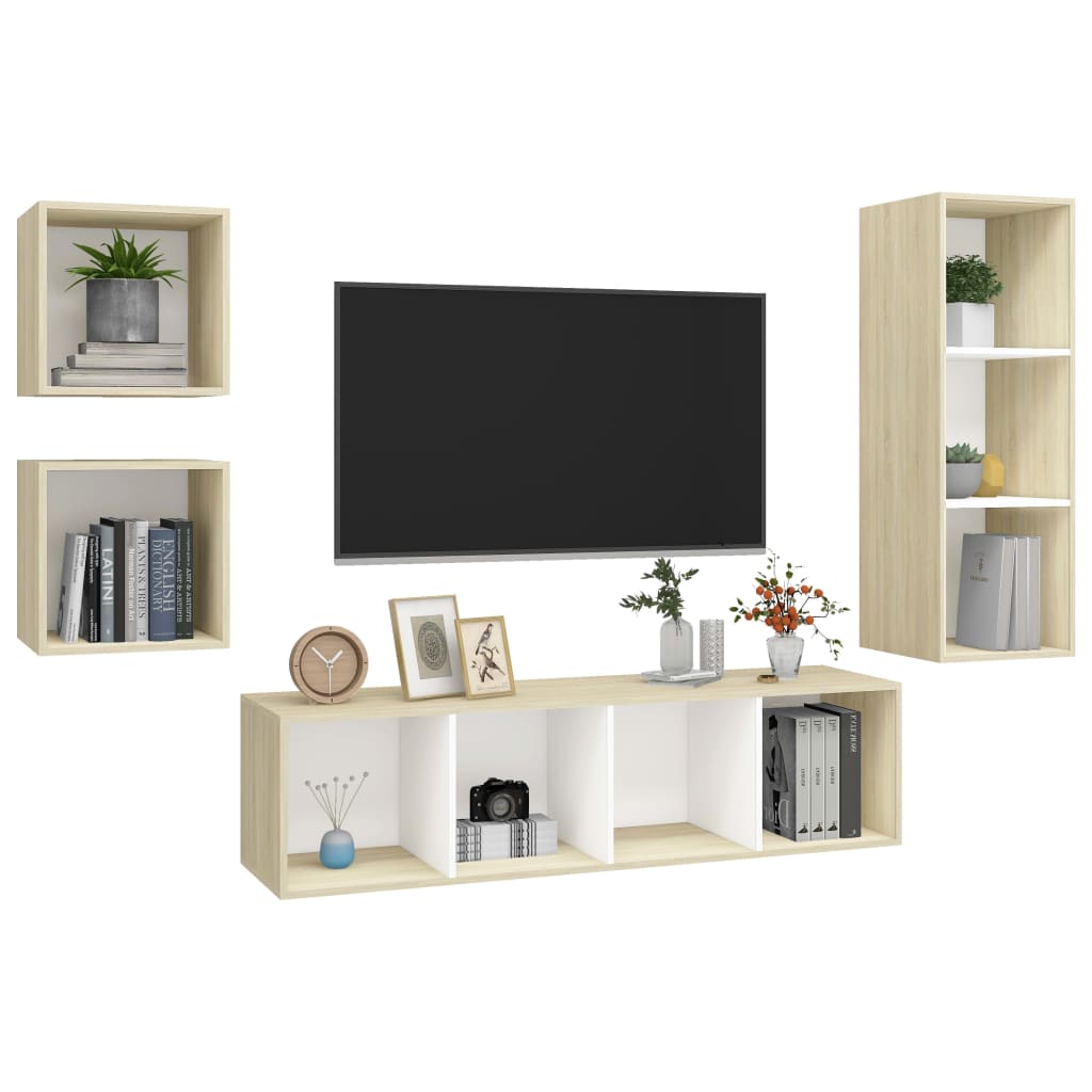 vidaXL 4-dielna súprava TV skriniek biela a dub sonoma drevotrieska