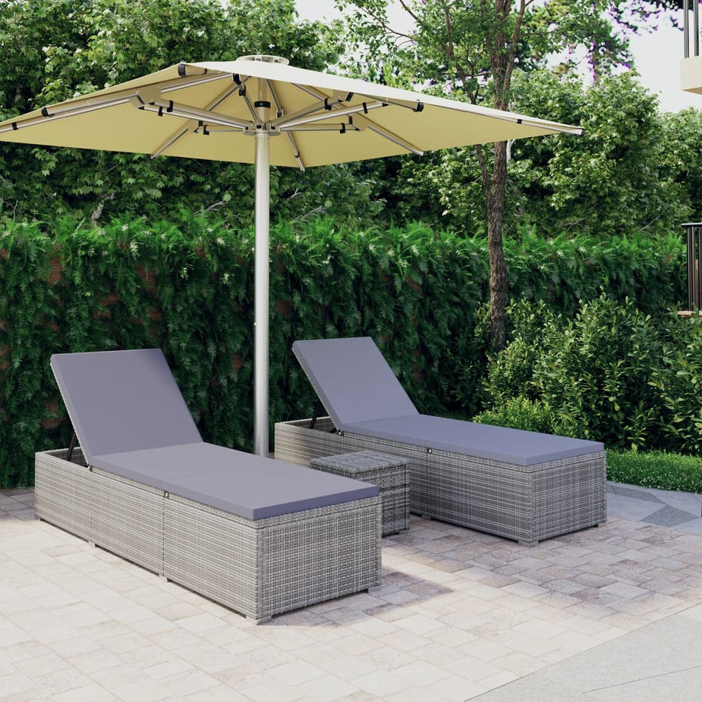 vidaXL 3-dielne záhradné lehátka s čajovým stolíkom sivé polyratanové