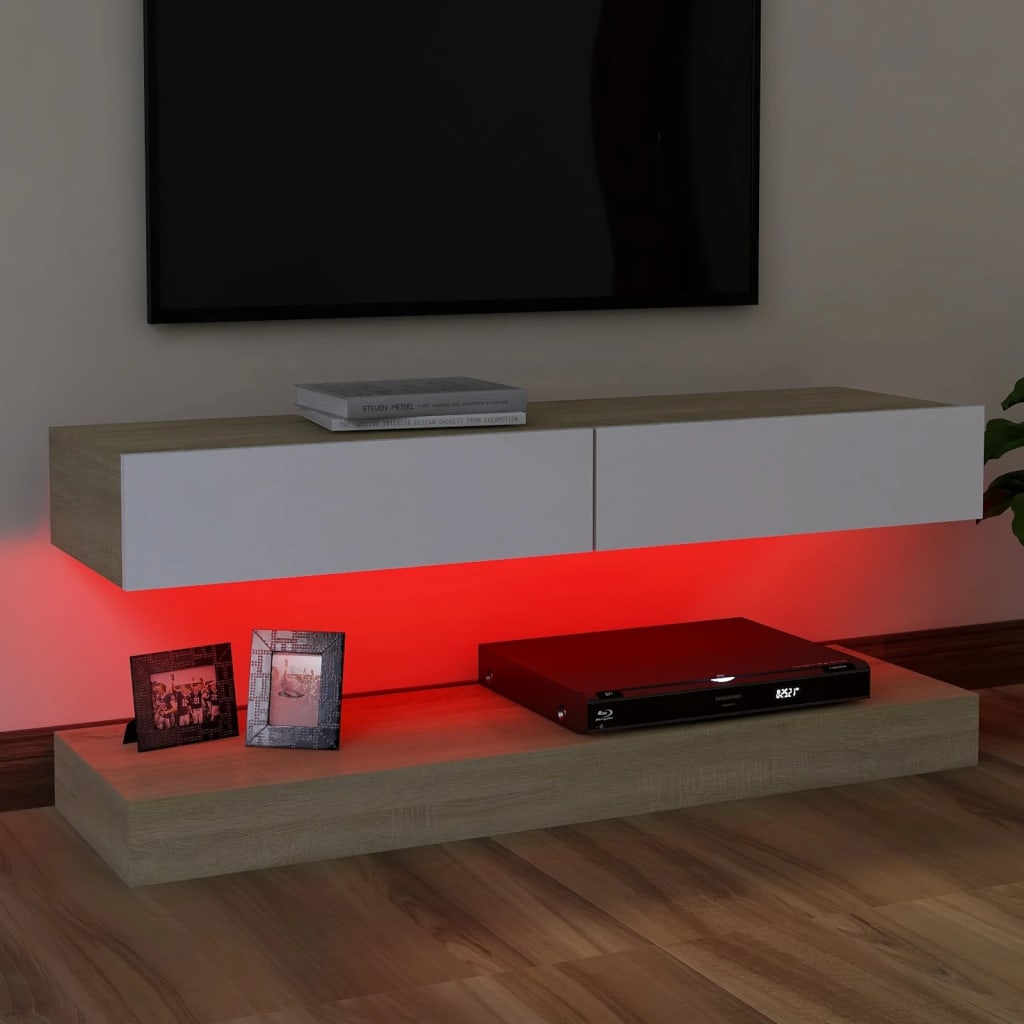 vidaXL TV skrinka s LED svetlami biela a dub sonoma 120x35 cm