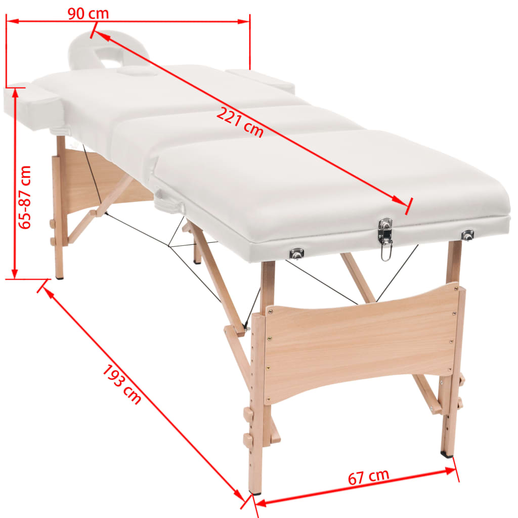 vidaXL Sklápací 3-zónový masérsky stôl a stolička 10 cm hrubý biely