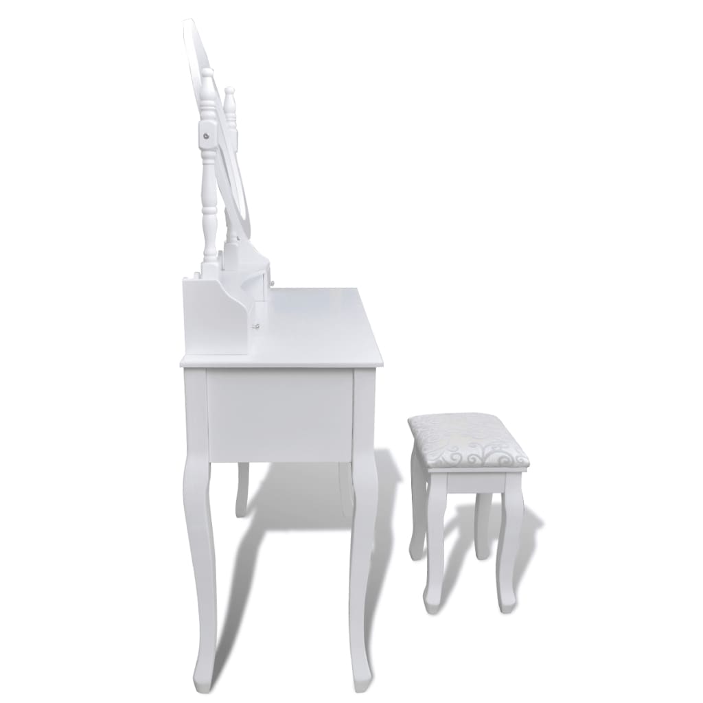 vidaXL Toaletný stolík so zrkadlom a stoličkou, 7 zásuviek, biely