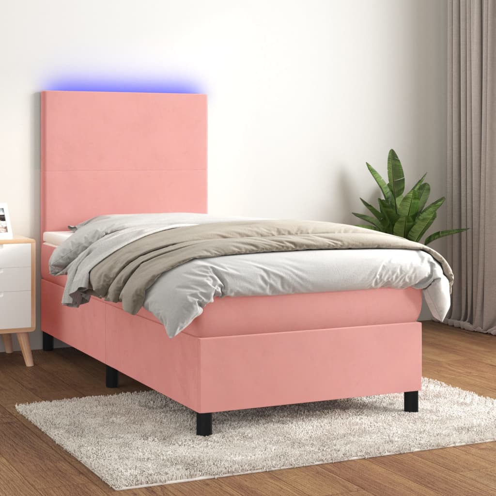 vidaXL Posteľný rám boxsping s matracom a LED ružový 90x190 cm zamat