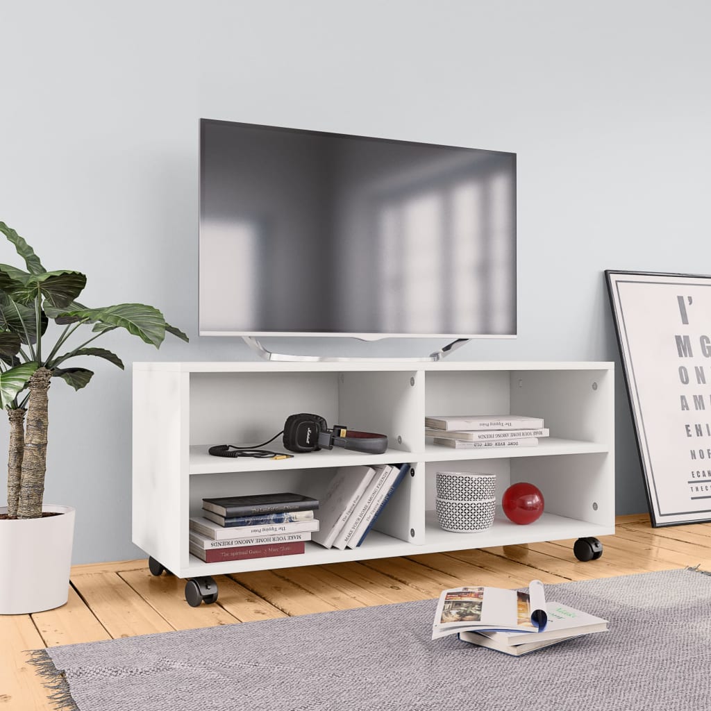 vidaXL TV skrinka s kolieskami biela 90x35x35 cm drevotrieska