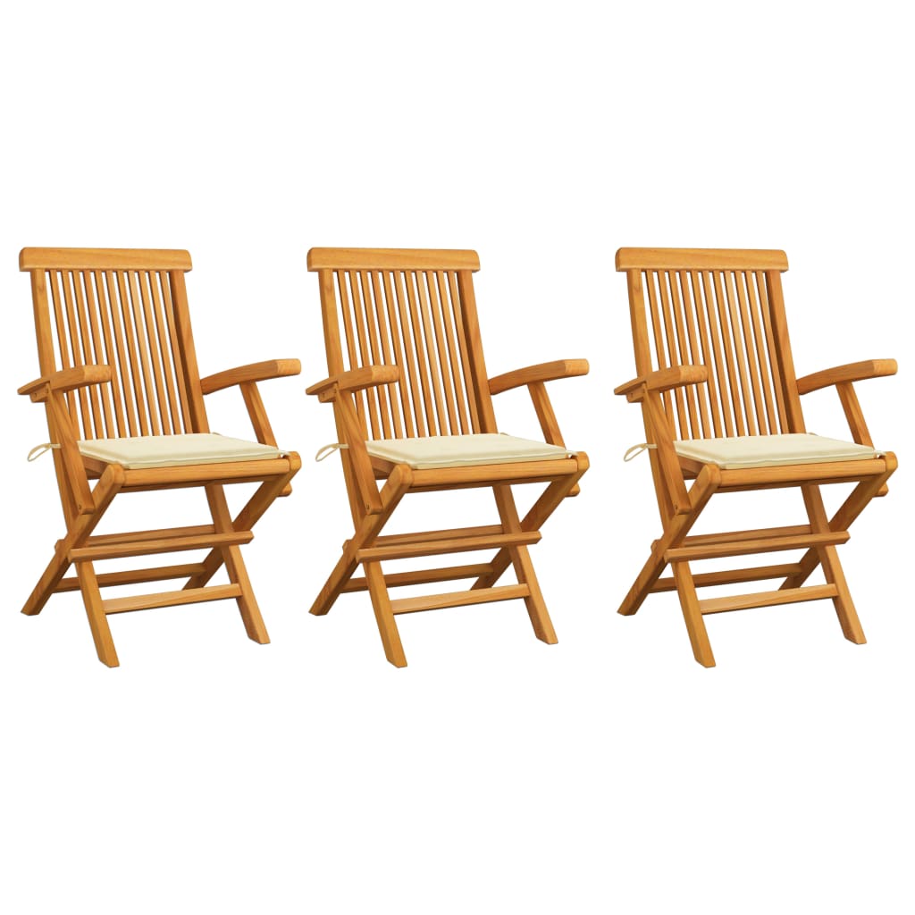 vidaXL Záhradné stoličky, krémové podložky 3 ks, tíkový masív