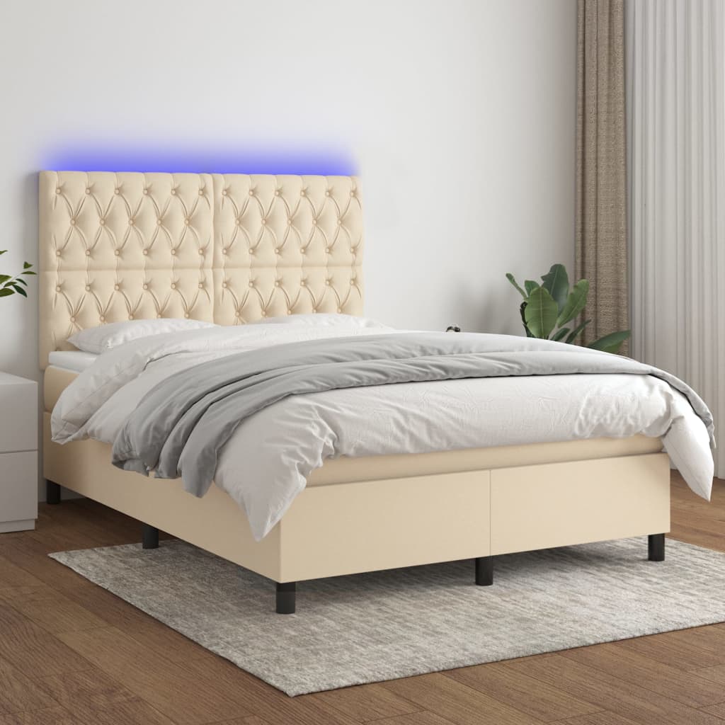 vidaXL Posteľ boxsping s matracom a LED krémová 140x190 cm látka