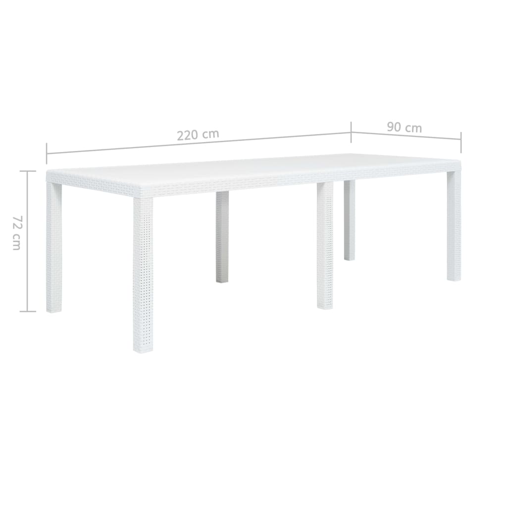 vidaXL Záhradný stôl biely 220x90x72 cm plastový s ratanovým vzhľadom