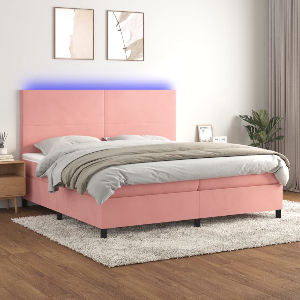 vidaXL Posteľný rám boxsping s matracom a LED ružový 200x200 cm zamat