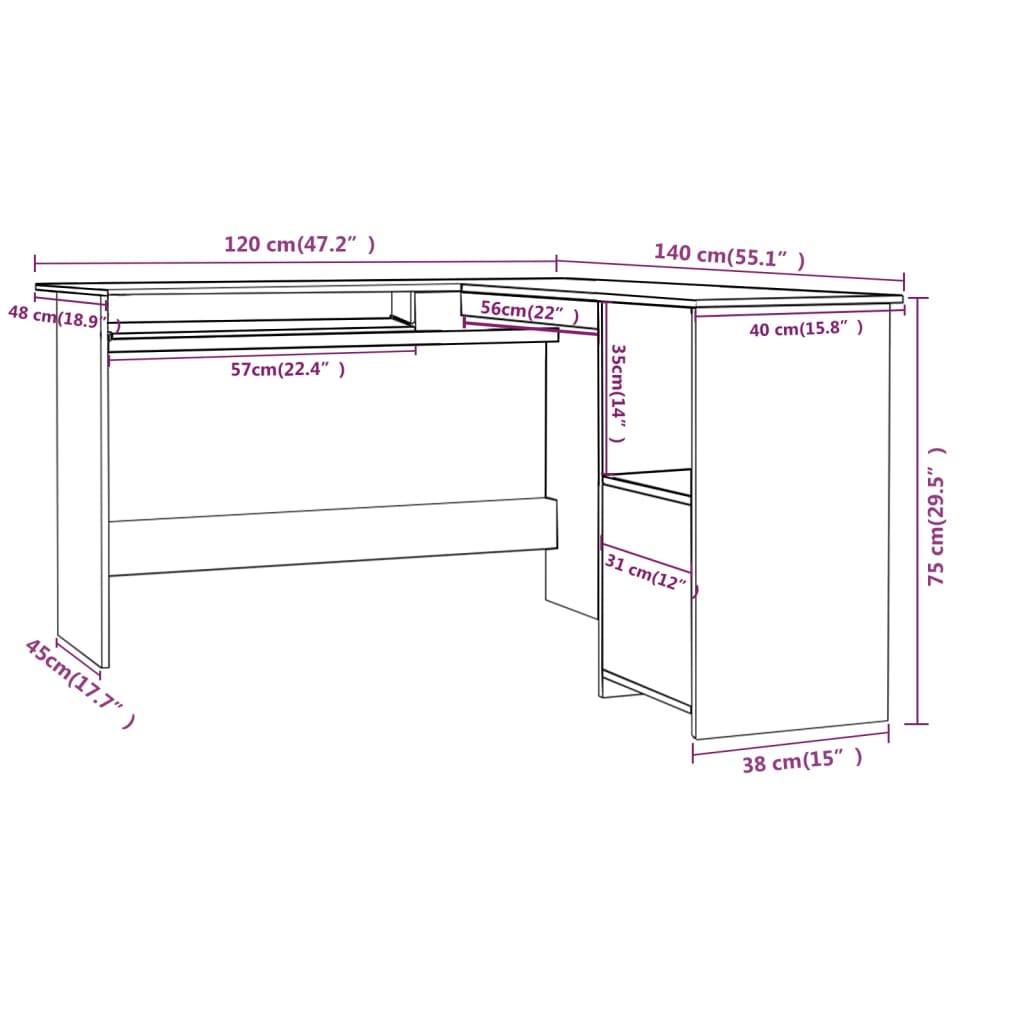 vidaXL Rohový stôl v tvare L, biely/sonoma 120x140x75 cm, drevotrieska