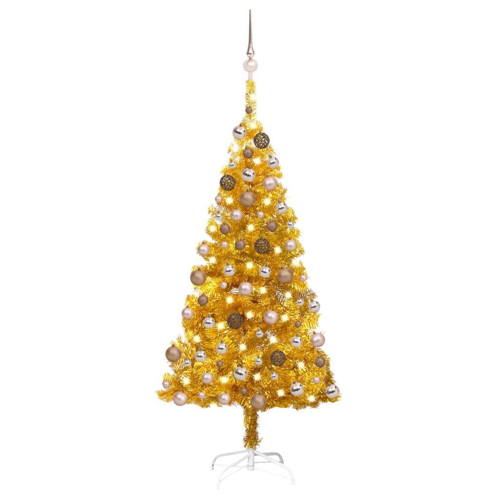 vidaXL Osvetlený umelý vianočný stromček s guľami, zlatý 150 cm, PET
