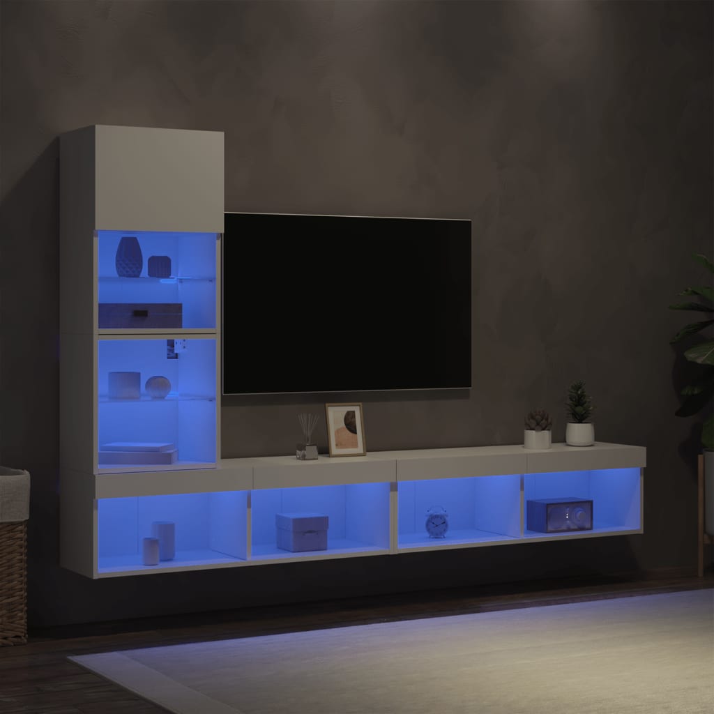 vidaXL 4-dielne TV nástenné skrinky s LED biele kompozitné drevo