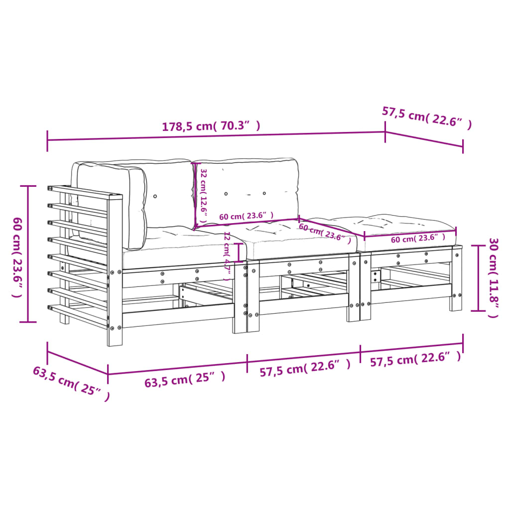 vidaXL 3-dielna záhradná sedacia súprava s vankúšmi masívne drevo