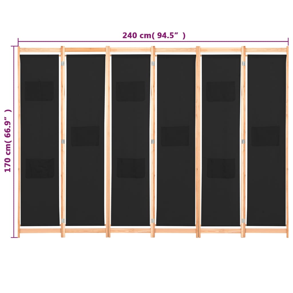 vidaXL 6-panelový paraván čierny 240x170x4 cm látkový