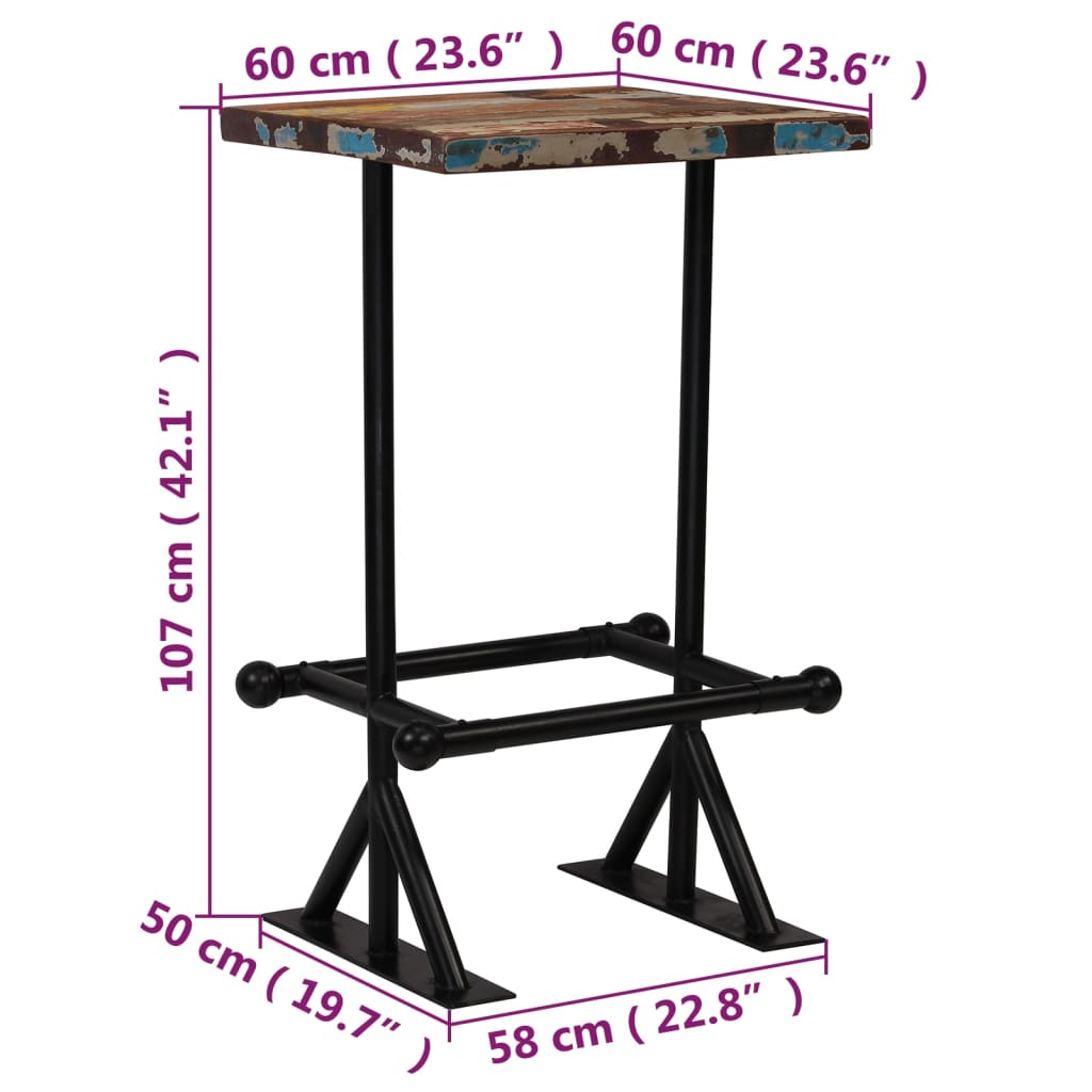 vidaXL Barový stôl, recyklovaný masív, rôznofarebný 60x60x107 cm