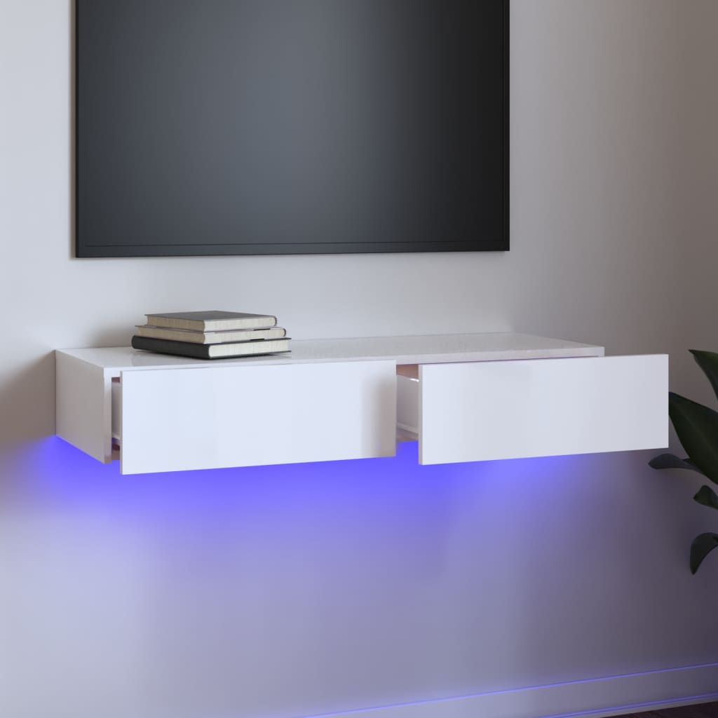 vidaXL TV skrinka s LED svetlami lesklá biela 90x35x15,5 cm