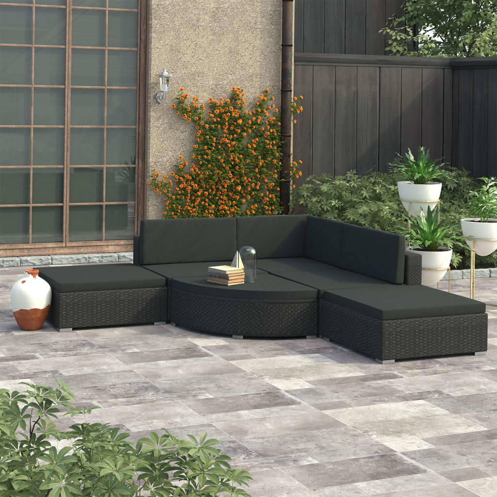 vidaXL 6-dielna záhradná sedacia súprava+podložky, polyratan, čierna