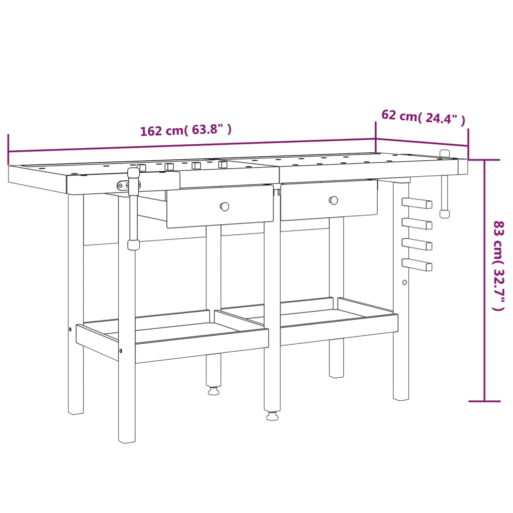 vidaXL Pracovný stôl so zásuvk. a zverákmi 162x62x83 cm akáciový masív