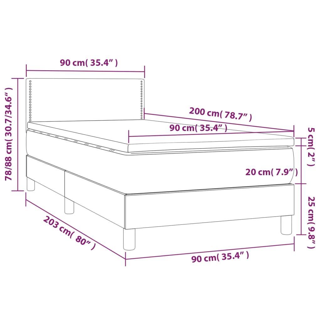 vidaXL Posteľ boxsping s matracom a LED bledosivá 90x200 cm látka